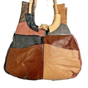 Vintage Patchwork Leather Purse Shoulder Hobo Bag Neutral Tones
